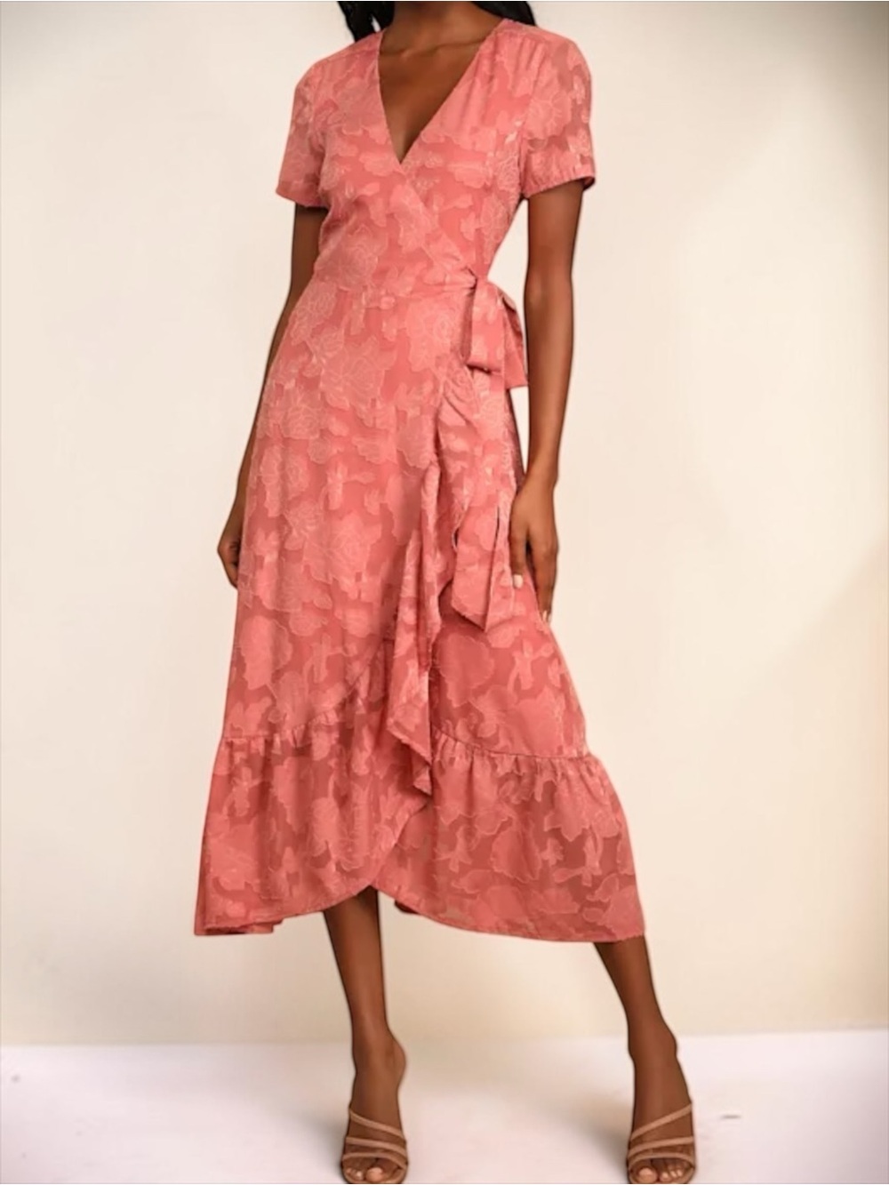 NWT Lulus Blissfully Rusty Rose Jacquard Short Sleeve Wrap Midi Dress Size M